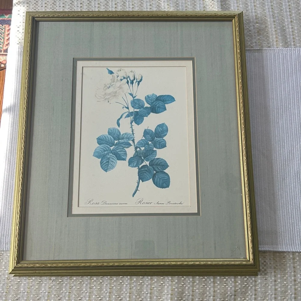MCM Blue Botanical Rose Prints Gold Frame Grandmillennial Cottage Wall Art Set
